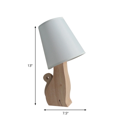 Kids Cat/Dinosaur Wood Table Light 1 Bulb Nightstand Lamp with Conical Fabric Shade in White