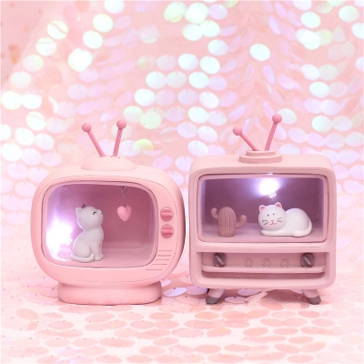 Kids Style LED Night Light Pink TV Cat and Cactus/Loving Heart Mini Table Lamp with Resin Shade