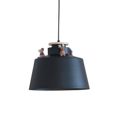 Metal Barn/Barrel Ceiling Light Nordic 1 Bulb Black/White Down Lighting Pendant with Animal Decoration, Small/Large