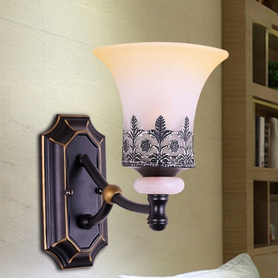 Milky Glass Black Wall Mounted Lighting Conical 1-Head Classic Style Surface Wall Sconce with Flower and Leaf Pattern