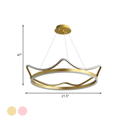 Minimalism Crown LED Hanging Light Kit Acrylic Bedroom Pendant Chandelier in Pink/Gold