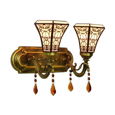 Mission Style Pagoda/Pyramid Wall Light 2 Bulbs Handcrafted Art Glass Wall Mounted Fixture in Brass