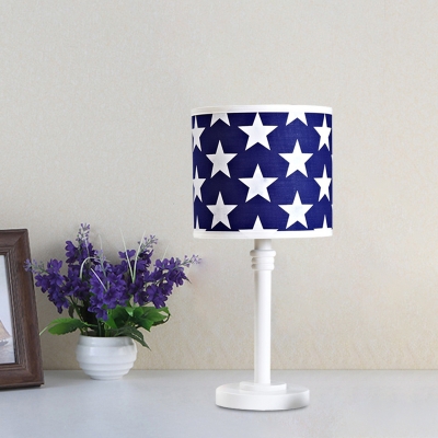 Modern Cylinder Fabric Nightstand Lamp 1 Head Table Lighting with Star Pattern in Blue-White