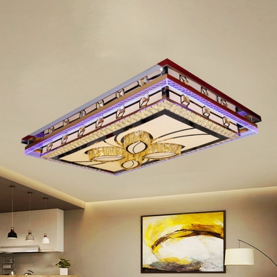 Modern Rectangle Ceiling Lighting LED Crystal Flush Mount Light Fixture in White for Living Room