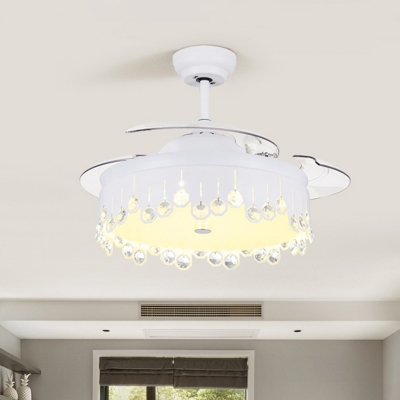 Modern Round Semi Mount Lighting Metallic LED Bedroom Hanging Fan Lamp in White with 3 Blades, 19.5