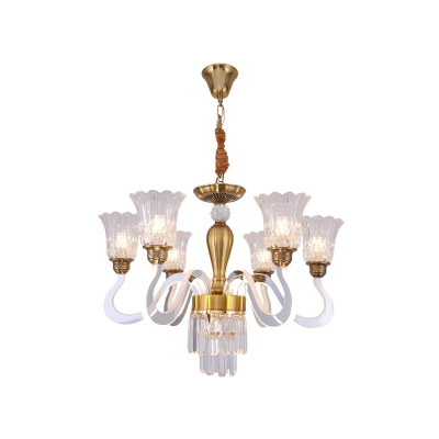 Modern Scalloped Chandelier 6 Lights Clear Crystal Suspension Lighting with Glow Curved Arm