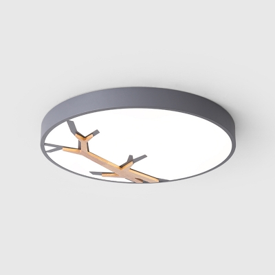 Nordic LED Flush Mount Grey/White/Blue Round Ceiling Light with Acrylic Shade and Wood Branch Design