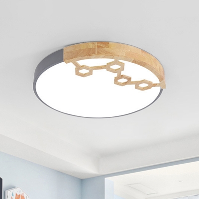 Nordic Round Acrylic Ceiling Flush Light LED Flushmount Lighting with Carved Hexagon Pattern in Grey/White/Green and Wood