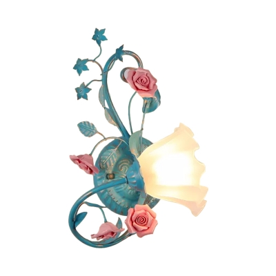 Opal Glass Scalloped Wall Light Countryside 1 Light Living Room Sconce with Rose in Blue and Pink/White, Left/Right