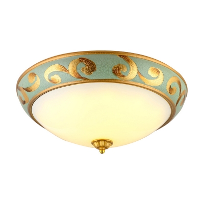Pastoral Bowl Shade Flush Mount Lighting 3 Bulbs Milky Glass Ceiling Light Fixture in Gold with Cloud Pattern