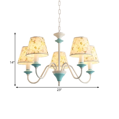 Pastoral Cone Pendant Chandelier 5 Heads Fabric Ceiling Light in Blue with Floral Pattern