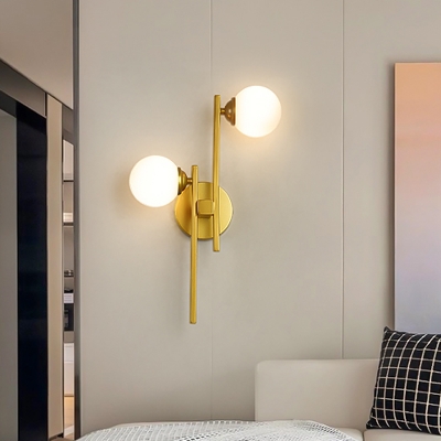 Postmodern Style Ball Sconce Light Ivory Glass 2-Light Living Room Wall Mount Lamp with Rod Arm in Gold