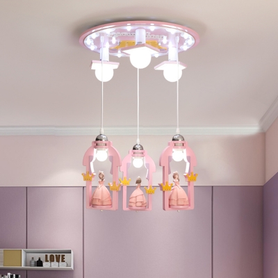 Princess Cluster Pendant Cartoon Resin 7-Head Girl's Bedroom Hanging Lamp in Pink