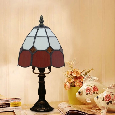 Red/Pink 1-Head Nightstand Lamp Tiffany Stained Glass Dome Table Light with Grid Pattern for Bedside
