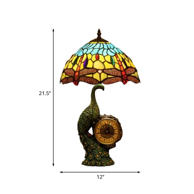 Resin Peacock Table Lamp Tiffany Single Light Blue-Yellow Nightstand Light with Clock and Dragonfly Stained Glass Shade