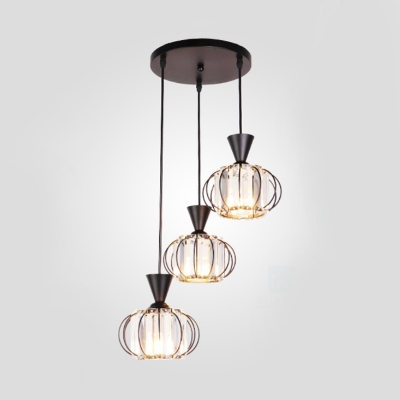 Round Cluster Pendant Modern Crystal Block 3 Heads Black Finish Drop Lamp with Wire Cage