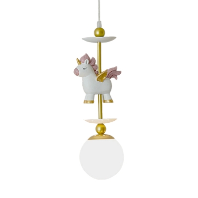 Small Globe Cream Glass Suspension Light Cartoon 1-Light White Ceiling Pendant with Flying Horse Decor