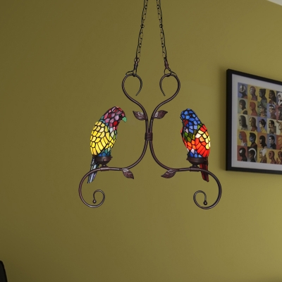 Stained Art Glass Parrot Chandelier Tiffany 2 Heads Bronze Pendant Ceiling Light with Scroll Arm