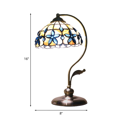 Tiffany Domed Night Lighting 1 Light Shell Petal Patterned Nightstand Light in Bronze with Curved Arm