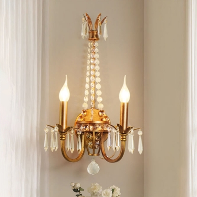 Transitional Candlestick Sconce Lighting 2 Lights Metallic Wall Lamp Fixture with Crystal Swag Design