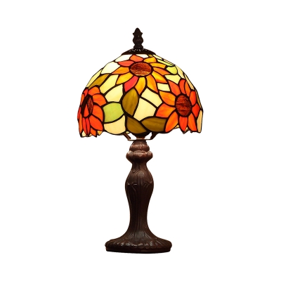 Victorian Bowl Shade Night Lamp 1-Bulb Stained Art Glass Sunflower Patterned Table Light in Dark Brown
