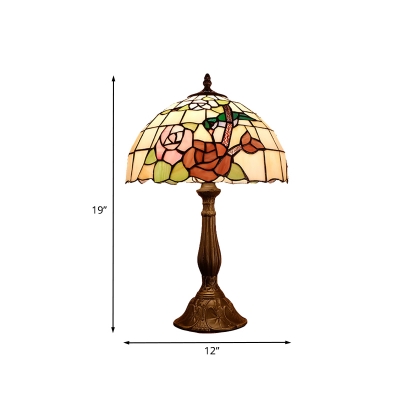 Victorian Domed Night Table Lighting 1-Light Cut Glass Nightstand Lamp in Bronze with Rose Pattern