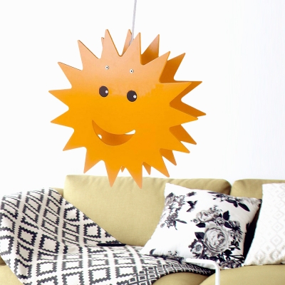 Wood Sunburst Pendant Ceiling Light Cartoon Single-Bulb Yellow Hanging Lamp for Kids Bedroom