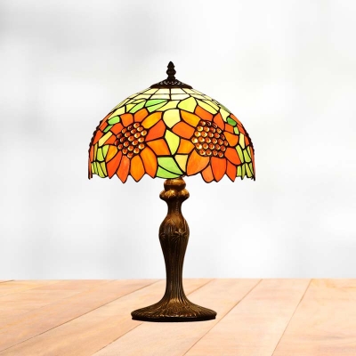 1 Bulb Bedroom Night Lamp Baroque Dark Brown Sunflower Patterned Nightstand Light with Dome Stained Glass Shade