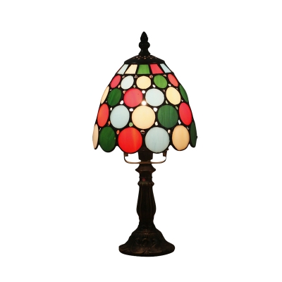 1-Bulb Dotted/Beaded Nightstand Lighting Mediterranean Bronze Finish Beige/Red-Green-Pink Cut Glass Night Lamp