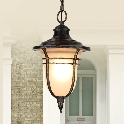 1 Bulb Pendant Lamp Classic Urn Shade Opal Glass Hanging Light Fixture in Black with Metal Frame