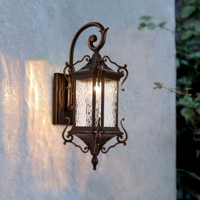1-Bulb Wall Mounted Lighting Classic Outdoor Sconce Light Fixture with Rectangle Clear Water Glass Shade in Coffee
