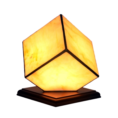 1 Head Bedroom Nightstand Lamp Tiffany Yellow Plug In Cord Night Light with Cubic Beige Glass Shade