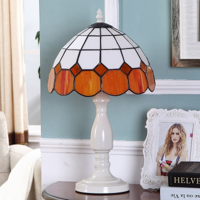 1-Head Grid Dome Night Table Light Baroque Style Orange Stained Glass Desk Lamp for Bedside