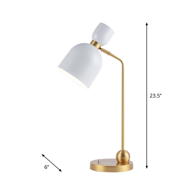 1-Head Study Desk Reading Light Postmodern White-Brass Table Lamp with Swivelable Cloche Iron Shade