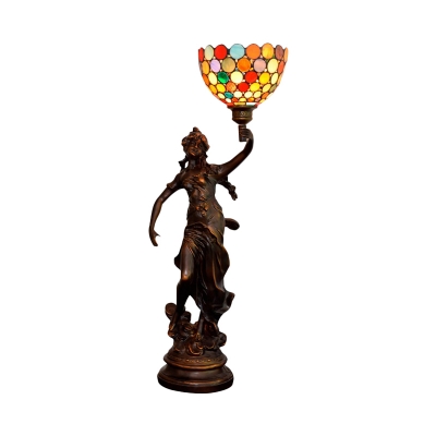 1-Light Bedroom Desk Lamp Baroque Coffee Woman Night Lighting with Bowl Stained Art Glass Shade