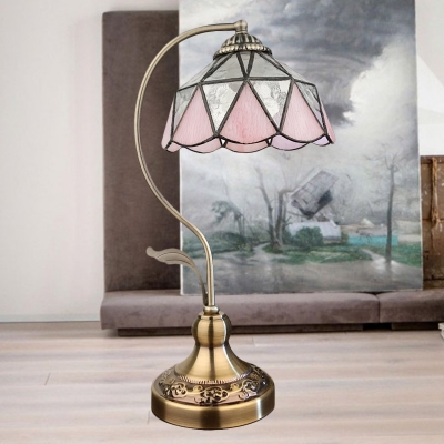 1-Light Bowl Shaped Night Table Lighting Tiffany Pink Stained Glass Desk Lamp with Gooseneck Arm
