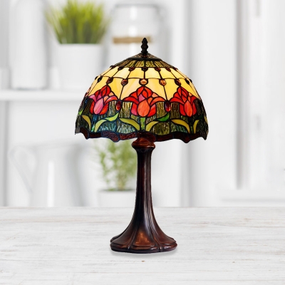 1-Light Night Light Tiffany Style Bowl Shaped Stained Glass Tulip Patterned Table Lighting in Bronze