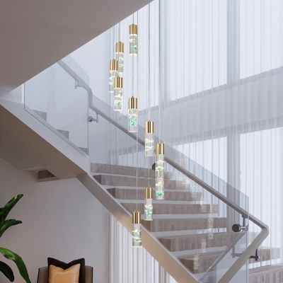 10-Bulb Tube Multi Light Pendant Simple Gold Crystal LED Suspension Lighting with Flower Decor for Stair