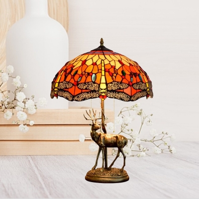 2-Bulb Bedroom Deer Table Lighting Mediterranean Yellow/Orange/Green Dragonfly Patterned Desk Light with Dome Stained Glass Shade