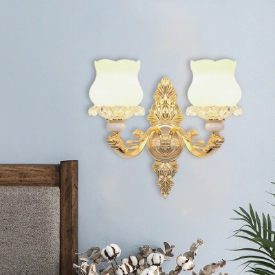2-Bulb Wall Lighting Ideas Antiqued Flowerbud Frosted Glass Sconce Light with Carved Cloud Detail in Gold