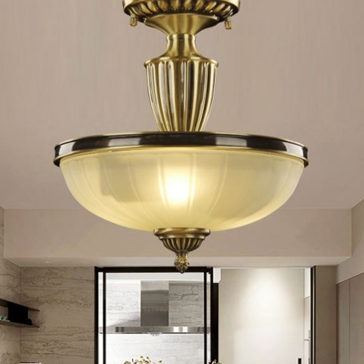 2 Bulbs Wide Bowl Semi Mount Lighting Retro Antiqued Gold Matte Glass Ceiling Flush Light