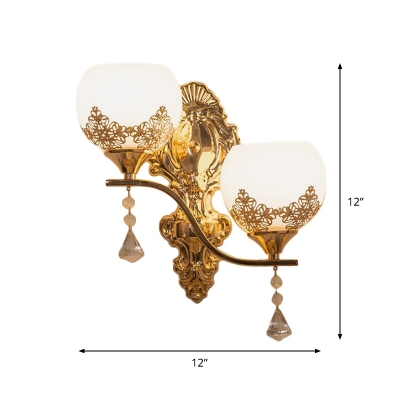2-Head Opal Glass Sconce Light Fixture Antique Gold Floral Detailing Dome Dining Room Wall Mount Light