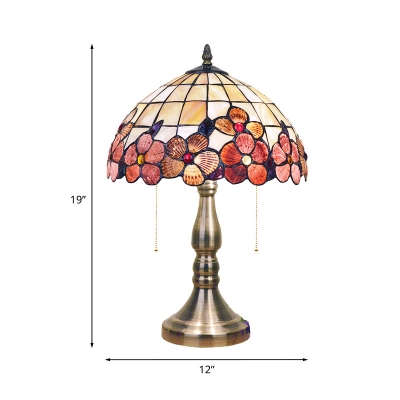 2-Light Bedside Desk Light Victorian Gold Flower Patterned Night Table Lamp with Bowl Shell Shade