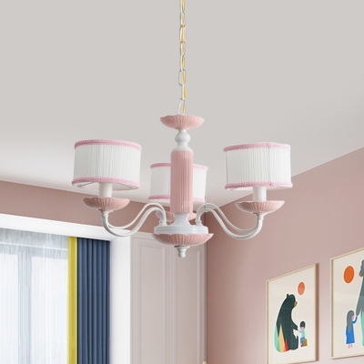 3/6 Heads Bedroom Hanging Lamp Macaron Pink/Blue Finish Ceiling Chandelier with Drum Fabric Shade