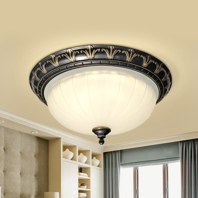 3 Heads Flush Mount Lamp Countryside Bowl White Ribbed Glass Ceiling Fixture for Living Room