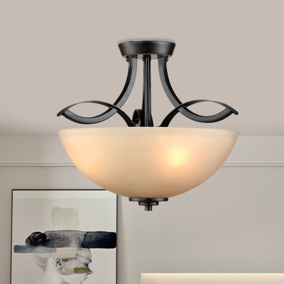 3 Lights Amber Glass Semi Flush Mount Countryside White Dome Shade Bedroom Ceiling Lamp with Twisted Arm