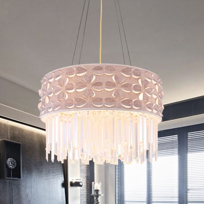 4-Light Drum Pendant Chandelier Modernist White Crystal Icicles Hanging Lamp for Dining Room