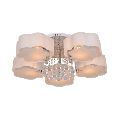 5 Heads Flower Ceiling Flushmount Lamp Modern Chrome Acrylic Flush Mount Fixture with Frosted Diffuser and Crystal Drop