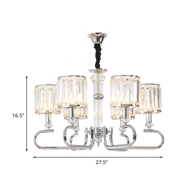 6 Heads Bedroom Chandelier Pendant Light Modernism Chrome Suspension Lamp with Cylinder Clear Crystal Rectangle Shade