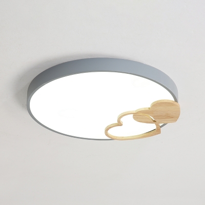 Acrylic Round LED Flush Light Nordic Grey/White/Green Ceiling Mount Lamp with Wood Heart Ornament